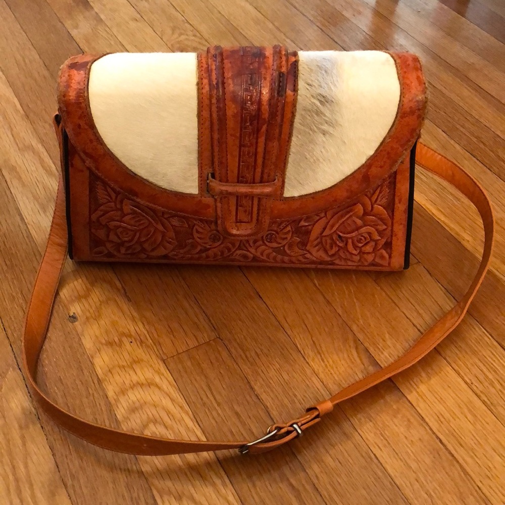 Vintage embossed tooled leather and fur handbag